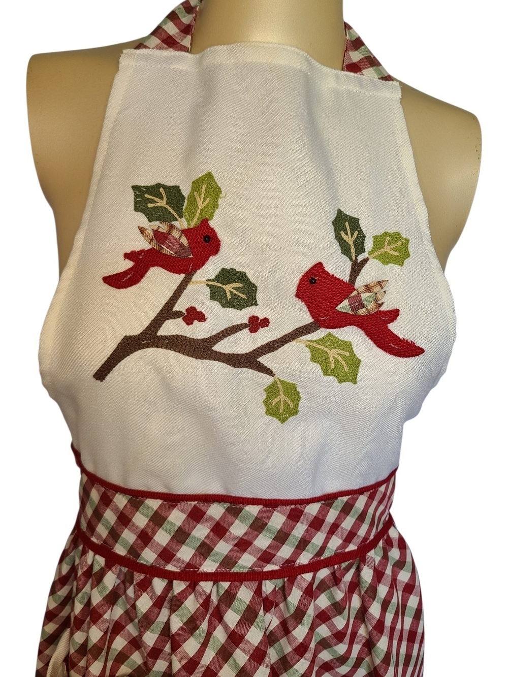 Inspired Treasures Cardinal Gingham Bib Apron Holiday Retro Red Green Plaid - Picture 2 of 8